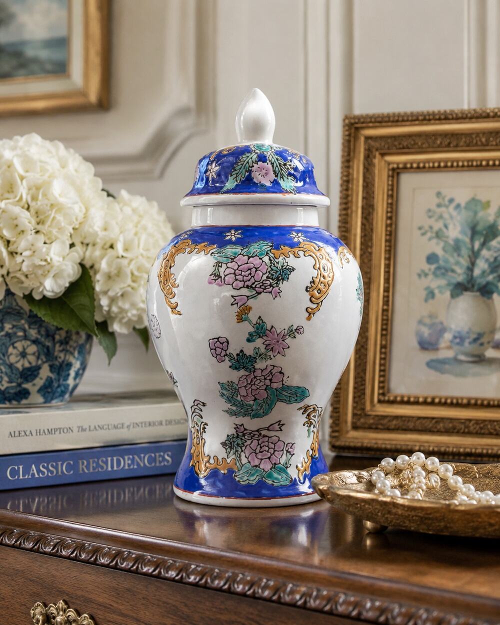 Chinoiserie Ginger Jar with Lid, Blue & White Floral Ceramic Vase